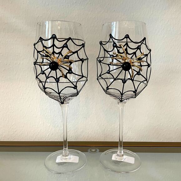 Gorgeous Halloween Jeweled Spider on Web with Pearl Wine Glass Set of 2 NEW - Picture 7 of 15